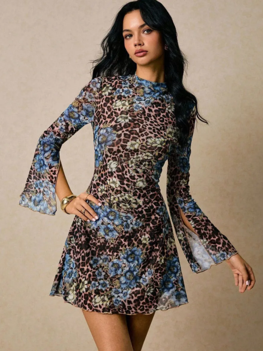 Robe courte imprimée léopard et fleurs Daily Dresses col montant fente évasée manches longues coupe ajustée ourlet à volants style décontracté d'automne