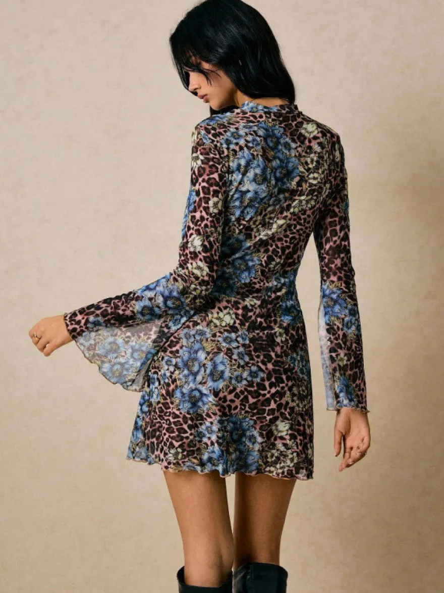 Robe courte imprimée léopard et fleurs Daily Dresses col montant fente évasée manches longues coupe ajustée ourlet à volants style décontracté d'automne