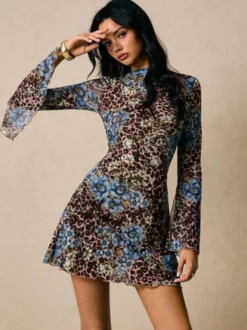 Robe courte imprimée léopard et fleurs Daily Dresses col montant fente évasée manches longues coupe ajustée ourlet à volants style décontracté d'automne