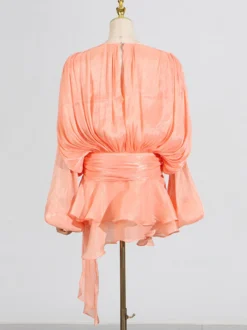 Robe courte à manches lanternes pour femme - Taille cintrée plissée et évasée - Tenue cocktail printanière 2026