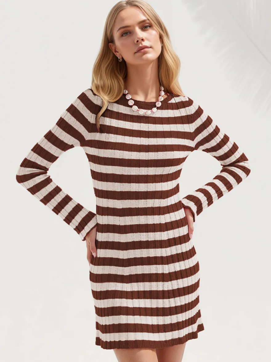 Robe courte moulante à rayures côtelées col rond et manches longues Daily Dresses