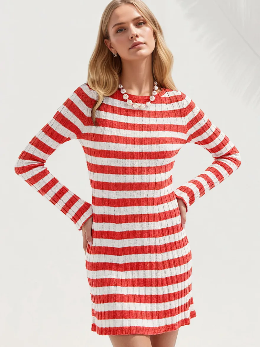 Robe courte moulante à rayures côtelées col rond et manches longues Daily Dresses