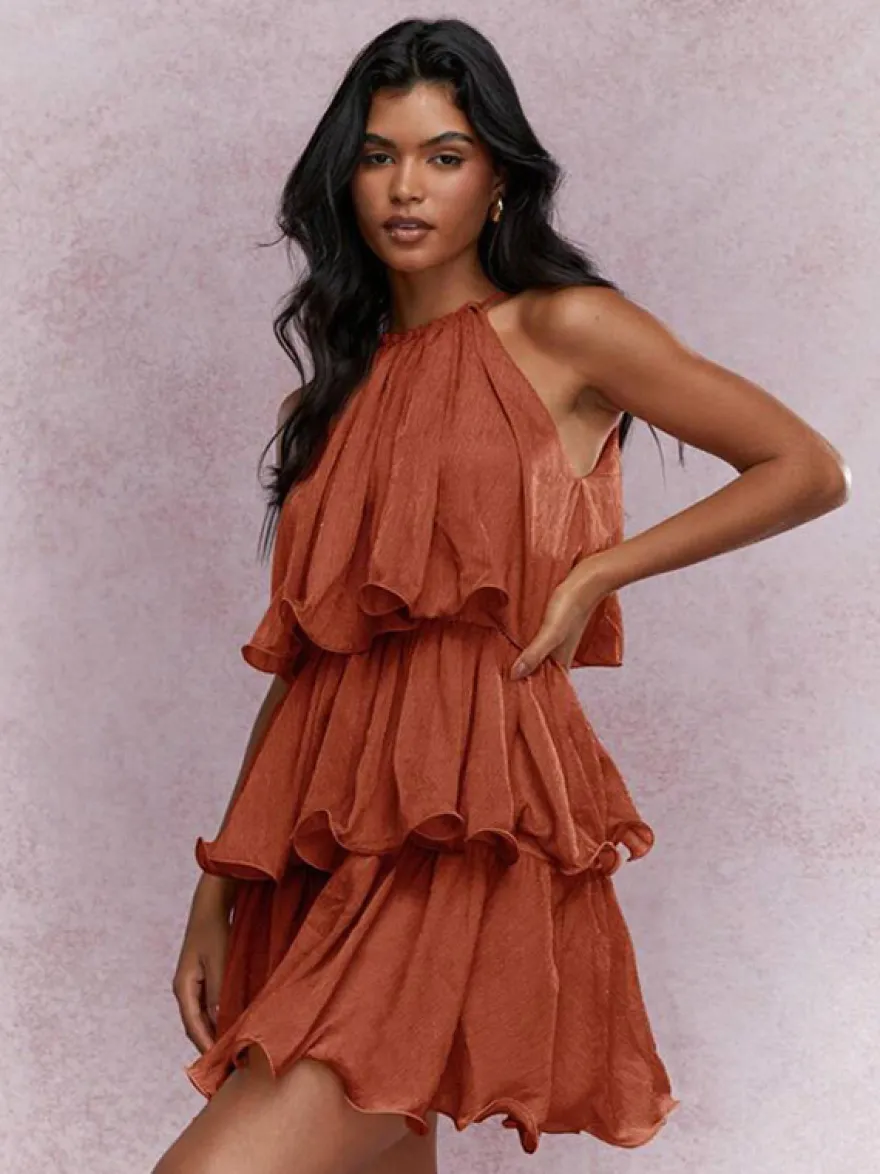 Robe courte orange rouge à volants sans manches et taille haute idéale pour tous les jours