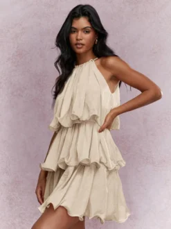 Robe courte orange rouge à volants sans manches et taille haute idéale pour tous les jours