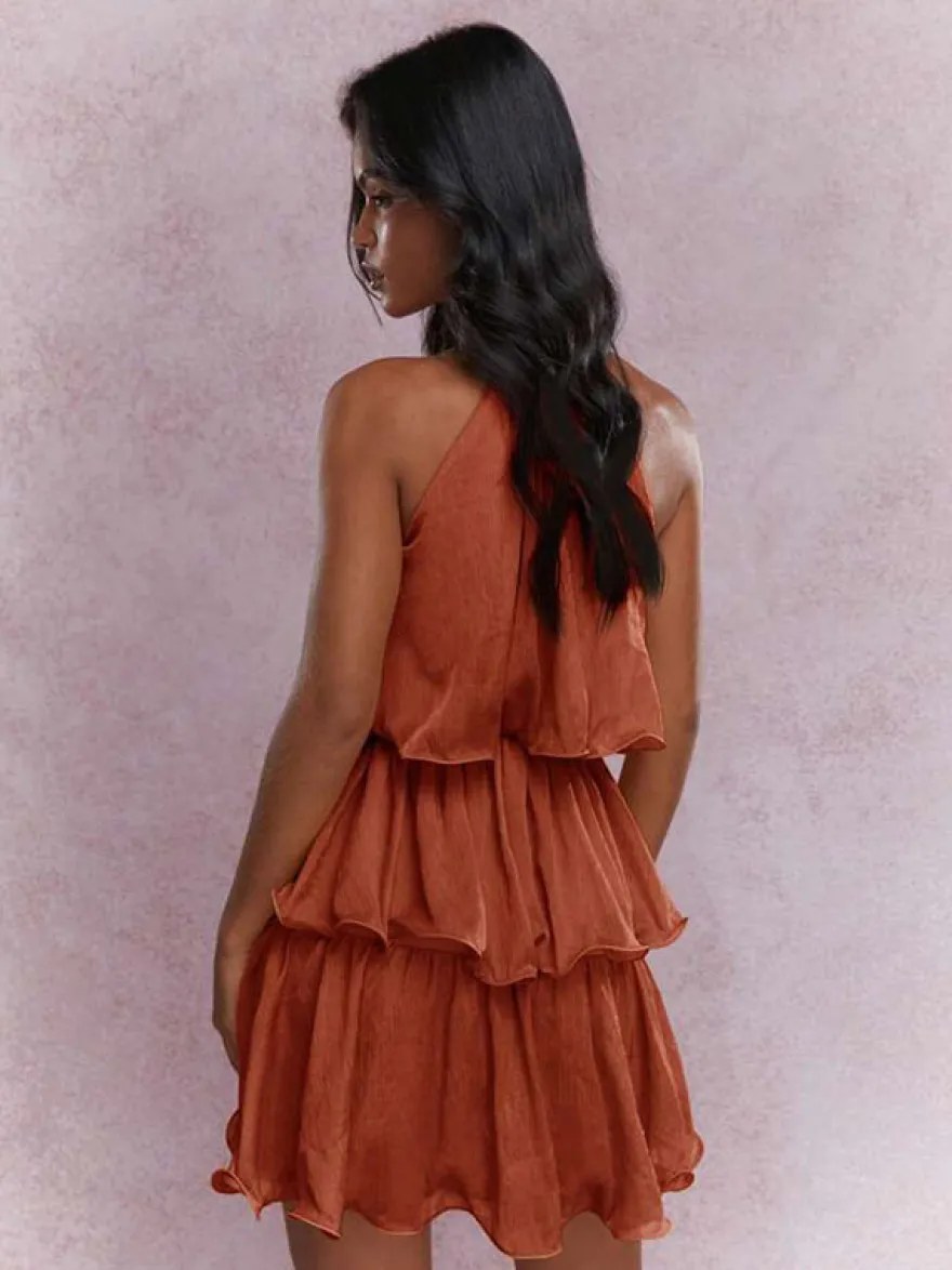 Robe courte orange rouge à volants sans manches et taille haute idéale pour tous les jours