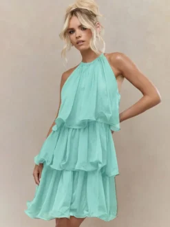 Robe courte orange rouge à volants sans manches et taille haute idéale pour tous les jours
