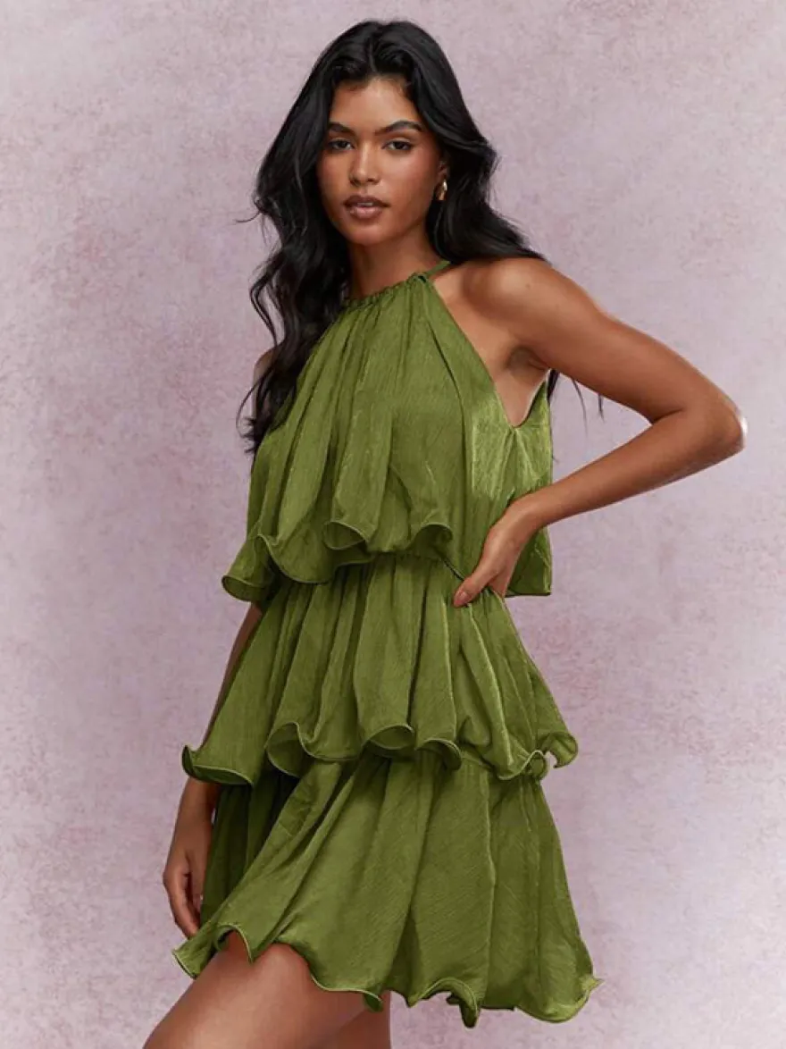 Robe courte orange rouge à volants sans manches et taille haute idéale pour tous les jours
