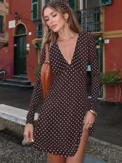 Robe courte à pois pour femme - Marron chocolat vintage col en V manches longues moulante - Idéale pour les fêtes de printemps 2026