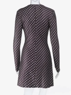 Robe courte à pois pour femme - Marron chocolat vintage col en V manches longues moulante - Idéale pour les fêtes de printemps 2026