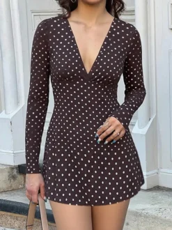 Robe courte à pois pour femme - Marron chocolat vintage col en V manches longues moulante - Idéale pour les fêtes de printemps 2026