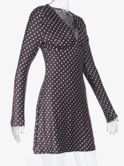Robe courte à pois pour femme - Marron chocolat vintage col en V manches longues moulante - Idéale pour les fêtes de printemps 2026