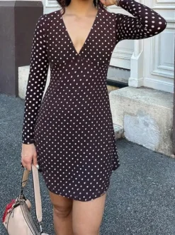 Robe courte à pois pour femme - Marron chocolat vintage col en V manches longues moulante - Idéale pour les fêtes de printemps 2026