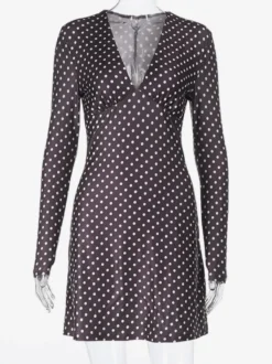 Robe courte à pois pour femme - Marron chocolat vintage col en V manches longues moulante - Idéale pour les fêtes de printemps 2026