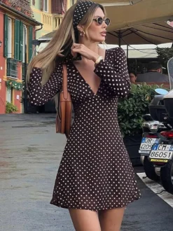 Robe courte à pois pour femme - Marron chocolat vintage col en V manches longues moulante - Idéale pour les fêtes de printemps 2026