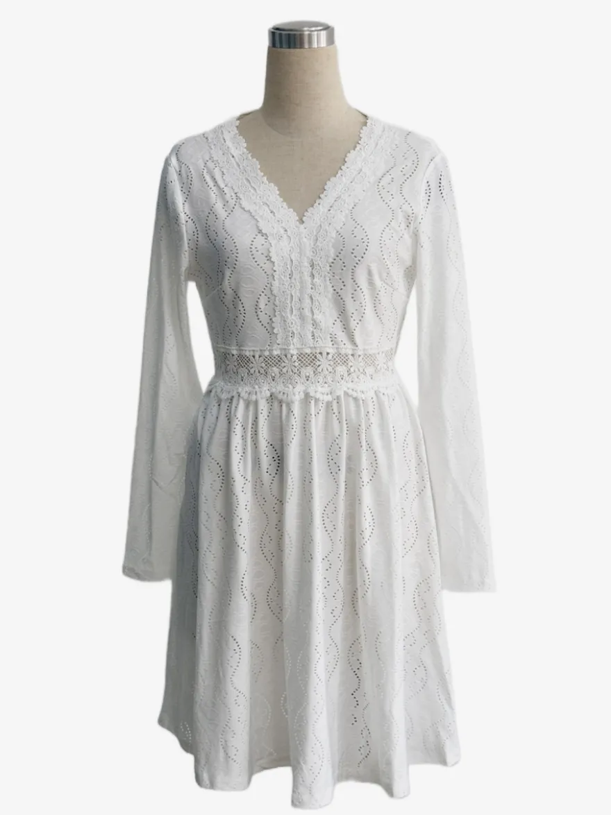 Robe courte pour femme manches longues col en V taille haute dentelle blanche décontractée