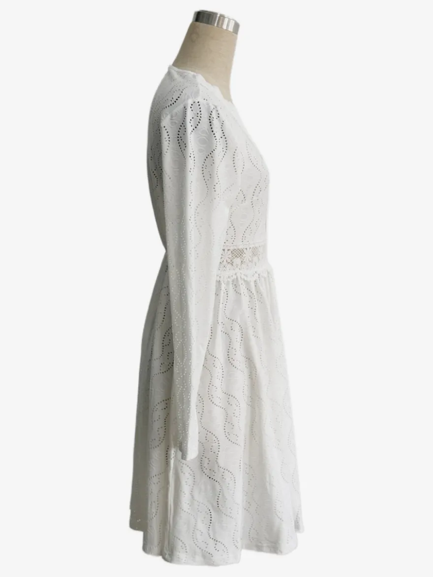 Robe courte pour femme manches longues col en V taille haute dentelle blanche décontractée
