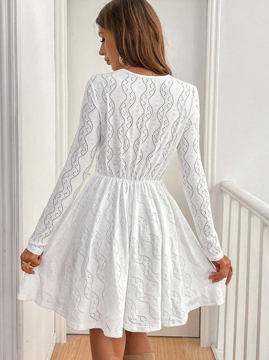 Robe courte pour femme manches longues col en V taille haute dentelle blanche décontractée