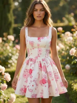 Robe courte rose à imprimé floral et col carré sans manches pour fête d'anniversaire 2026