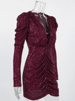 Robe courte à sequins scintillants pour femme - Décolleté plongeant sexy manches longues coupe moulante froncée - Tenue de cocktail printanière 2026