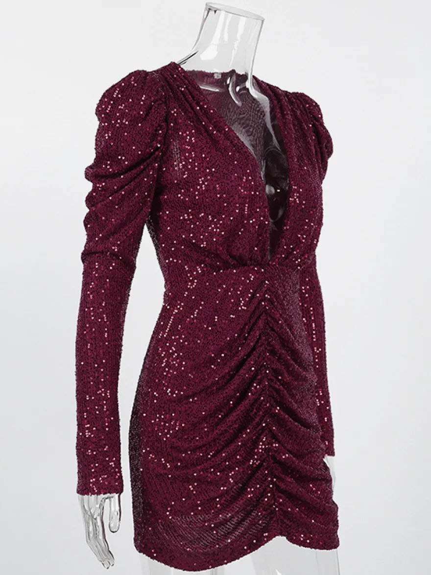 Robe courte à sequins scintillants pour femme - Décolleté plongeant sexy manches longues coupe moulante froncée - Tenue de cocktail printanière 2026