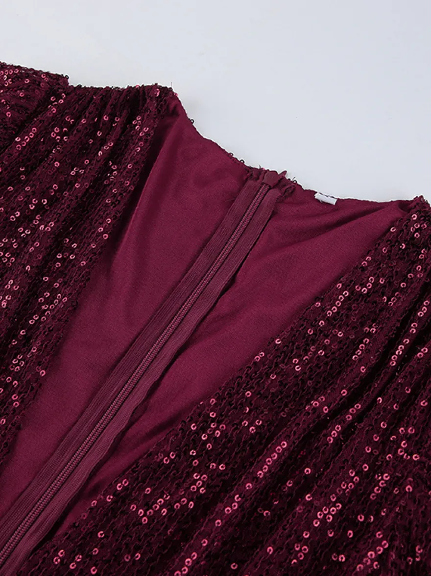 Robe courte à sequins scintillants pour femme - Décolleté plongeant sexy manches longues coupe moulante froncée - Tenue de cocktail printanière 2026