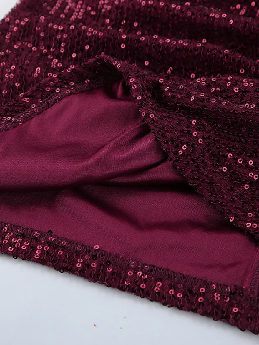 Robe courte à sequins scintillants pour femme - Décolleté plongeant sexy manches longues coupe moulante froncée - Tenue de cocktail printanière 2026
