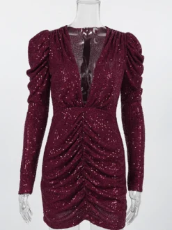 Robe courte à sequins scintillants pour femme - Décolleté plongeant sexy manches longues coupe moulante froncée - Tenue de cocktail printanière 2026