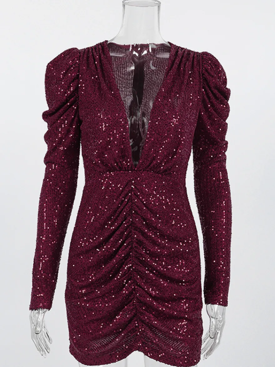 Robe courte à sequins scintillants pour femme - Décolleté plongeant sexy manches longues coupe moulante froncée - Tenue de cocktail printanière 2026