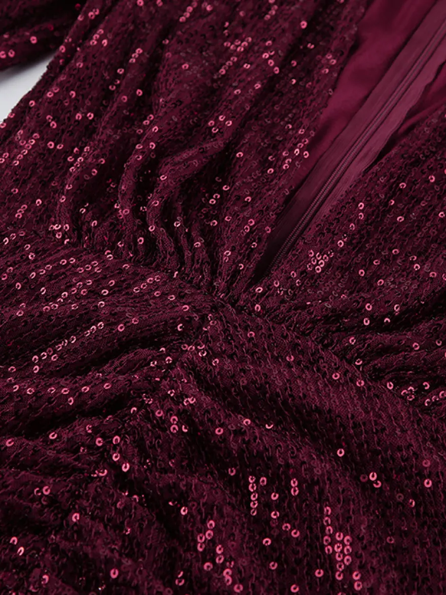 Robe courte à sequins scintillants pour femme - Décolleté plongeant sexy manches longues coupe moulante froncée - Tenue de cocktail printanière 2026