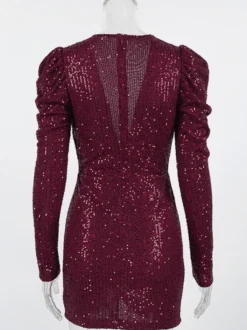Robe courte à sequins scintillants pour femme - Décolleté plongeant sexy manches longues coupe moulante froncée - Tenue de cocktail printanière 2026