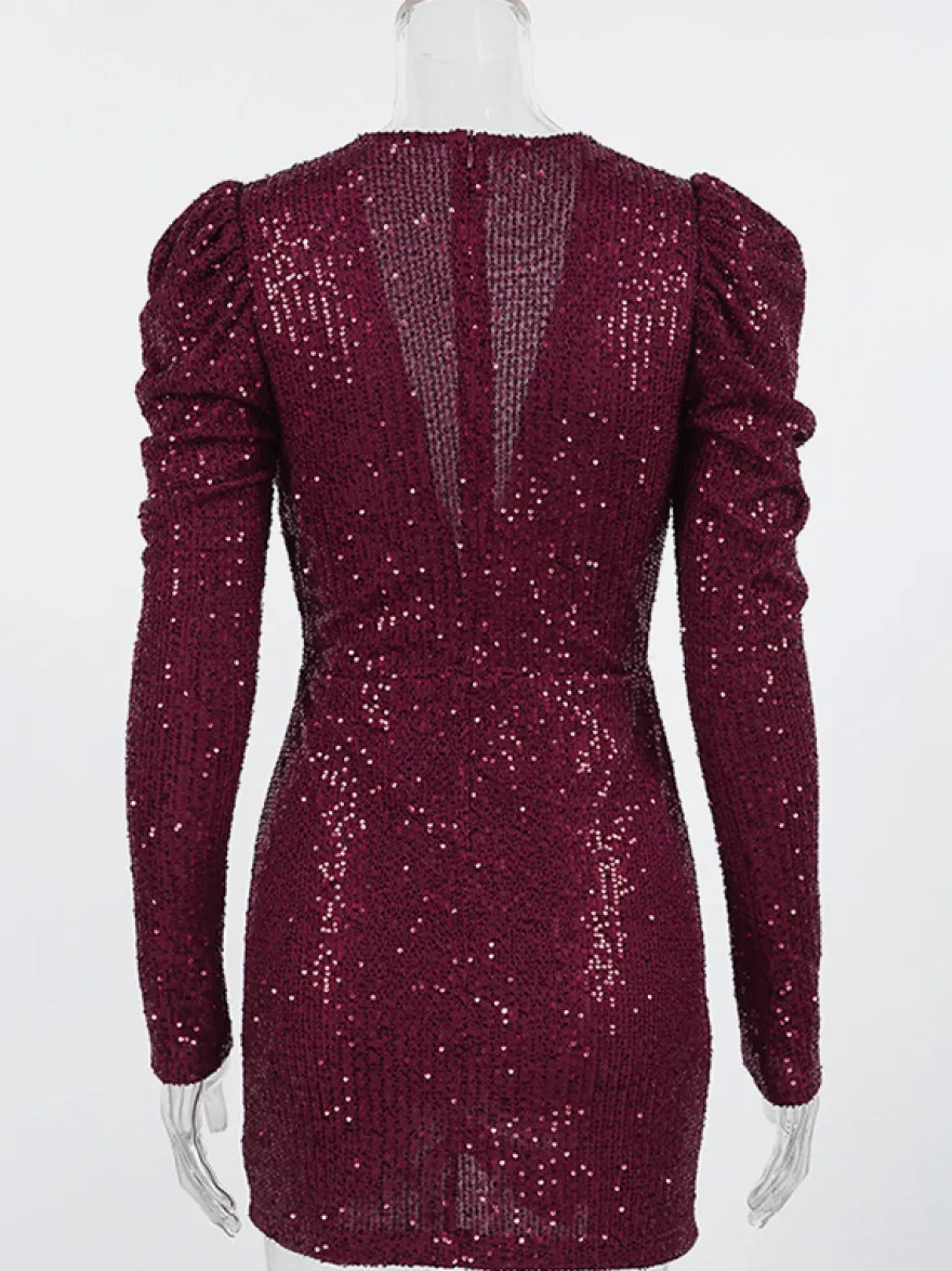 Robe courte à sequins scintillants pour femme - Décolleté plongeant sexy manches longues coupe moulante froncée - Tenue de cocktail printanière 2026
