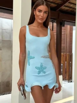 Robe courte à sequins étoiles de mer pour femme - Robe fourreau sexy sans manches à col rond et coupe ajustée - Collection été 2026
