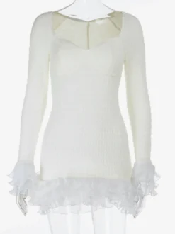 Robe courte texturée pour femme - Blanc crème coupe coquette poignets à volants - Idéale pour une soirée d'été à la plage (2026)