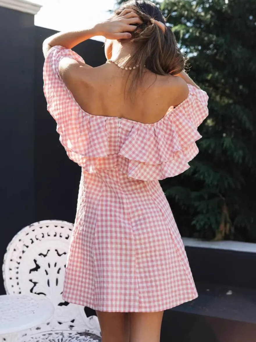 Robe courte vichy à épaules dénudées pour femme - Robe patineuse à volants rose style cottagecore - Idéale pour un pique-nique d'été 2026