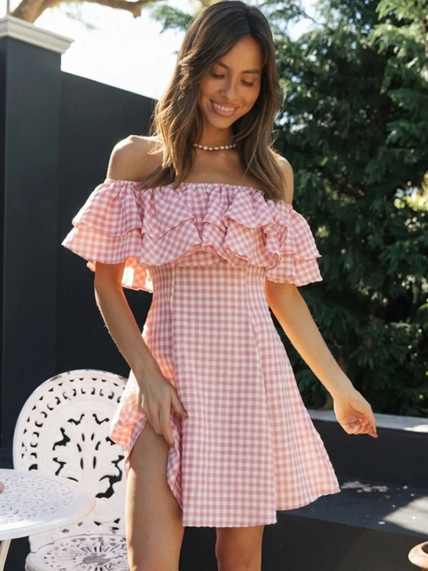 Robe courte vichy à épaules dénudées pour femme - Robe patineuse à volants rose style cottagecore - Idéale pour un pique-nique d'été 2026