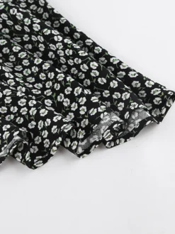 Robe courte vintage à fleurs pour femme - Manches bouffantes et ceinture - Col pointu - Tenue romantique pour une soirée en amoureux 2026