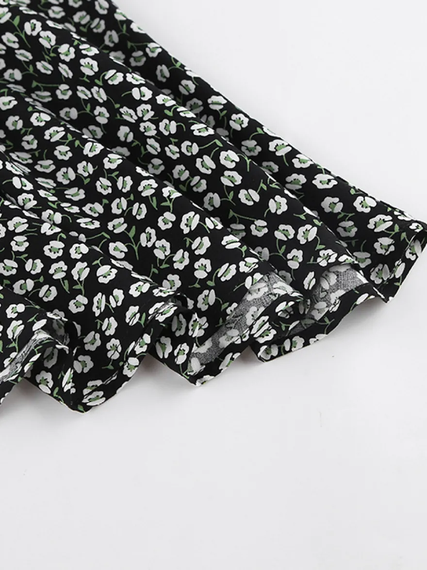 Robe courte vintage à fleurs pour femme - Manches bouffantes et ceinture - Col pointu - Tenue romantique pour une soirée en amoureux 2026