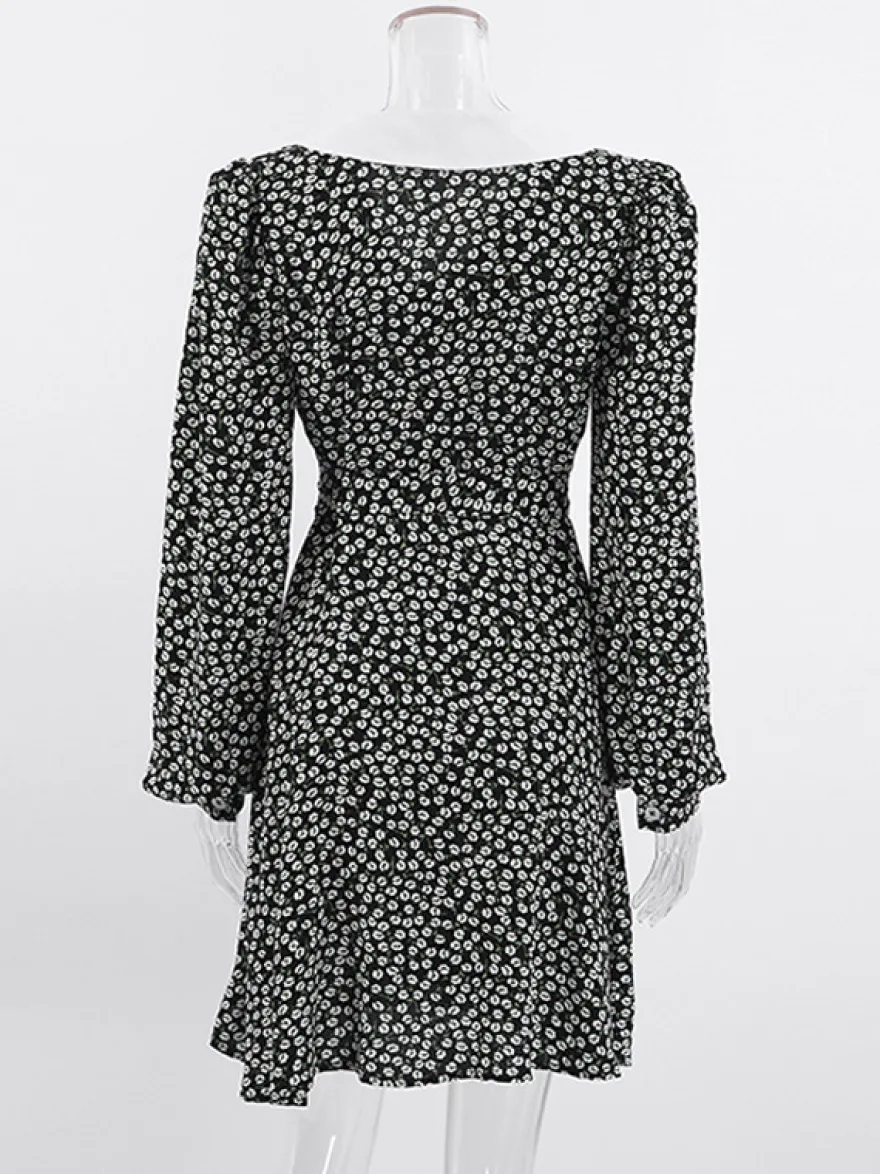 Robe courte vintage à fleurs pour femme - Manches bouffantes et ceinture - Col pointu - Tenue romantique pour une soirée en amoureux 2026