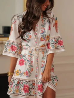 Robe Daily Dresses pour femme mini-robe à manches courtes et ceinture col montant taille naturelle imprimé floral manches courtes et col montant