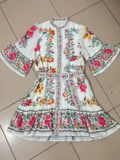 Robe Daily Dresses pour femme mini-robe à manches courtes et ceinture col montant taille naturelle imprimé floral manches courtes et col montant