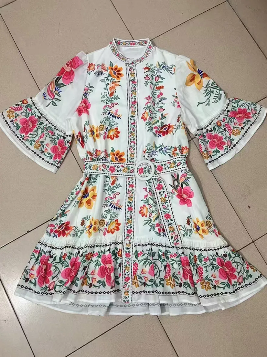 Robe Daily Dresses pour femme mini-robe à manches courtes et ceinture col montant taille naturelle imprimé floral manches courtes et col montant