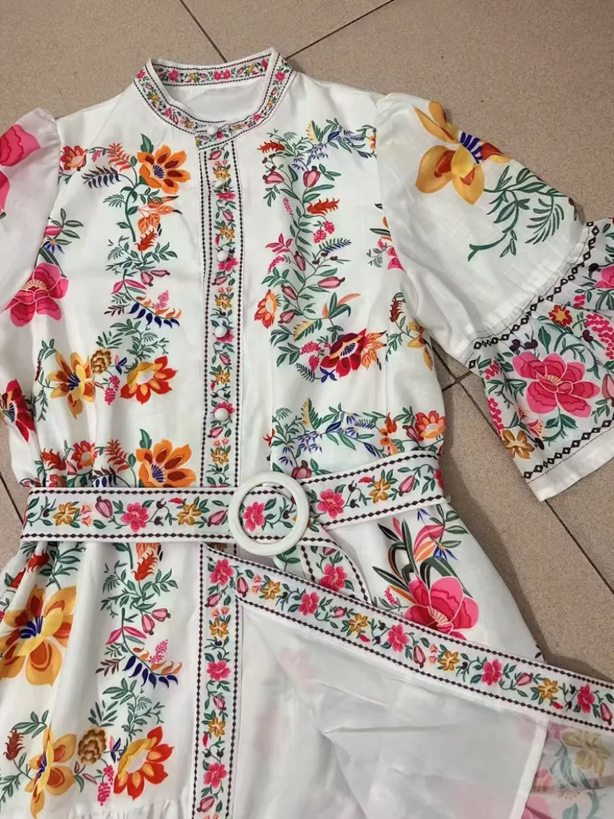 Robe Daily Dresses pour femme mini-robe à manches courtes et ceinture col montant taille naturelle imprimé floral manches courtes et col montant