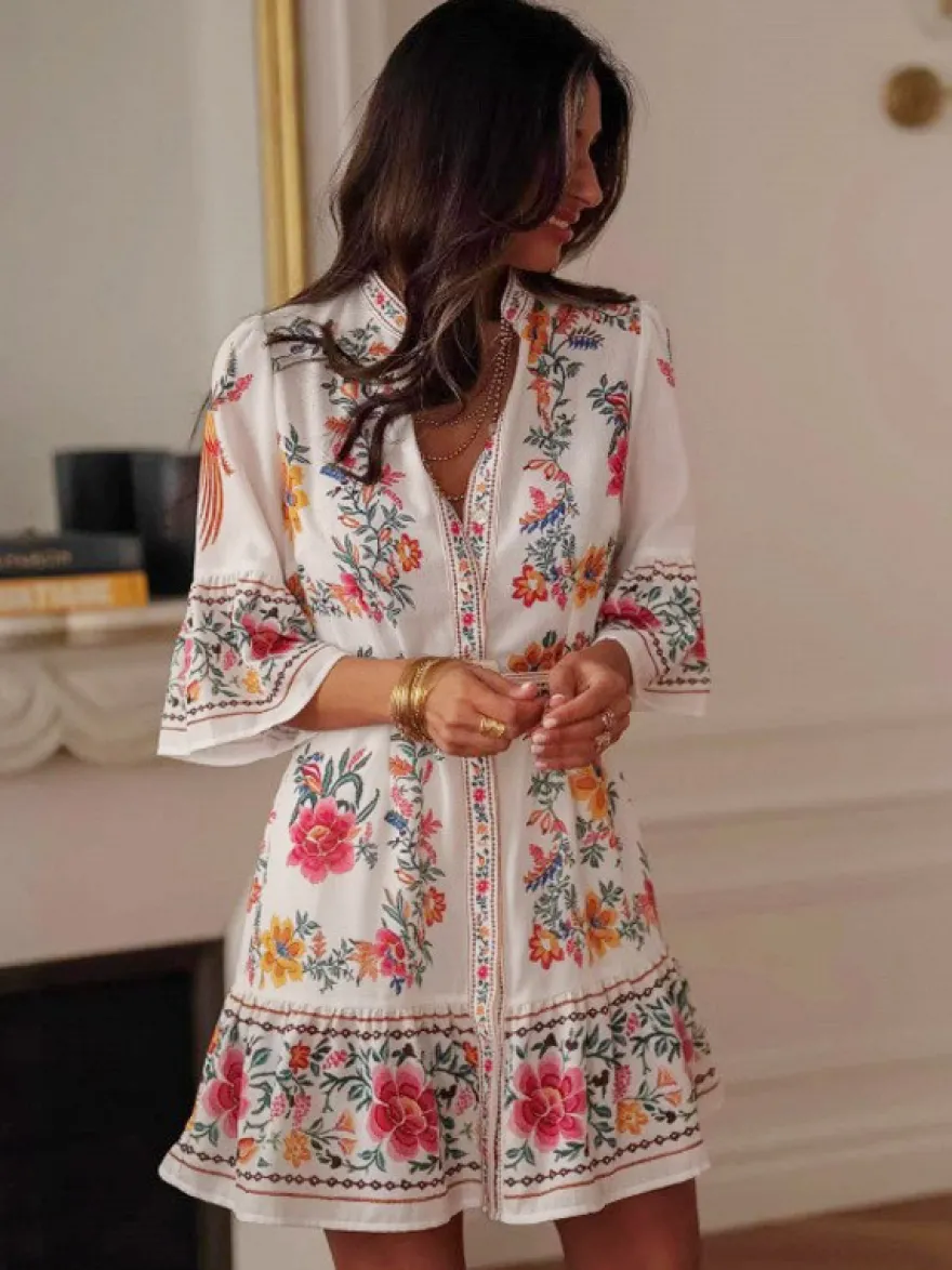Robe Daily Dresses pour femme mini-robe à manches courtes et ceinture col montant taille naturelle imprimé floral manches courtes et col montant