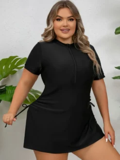 Robe de bain noire grande taille à jupe zippée sur le devant