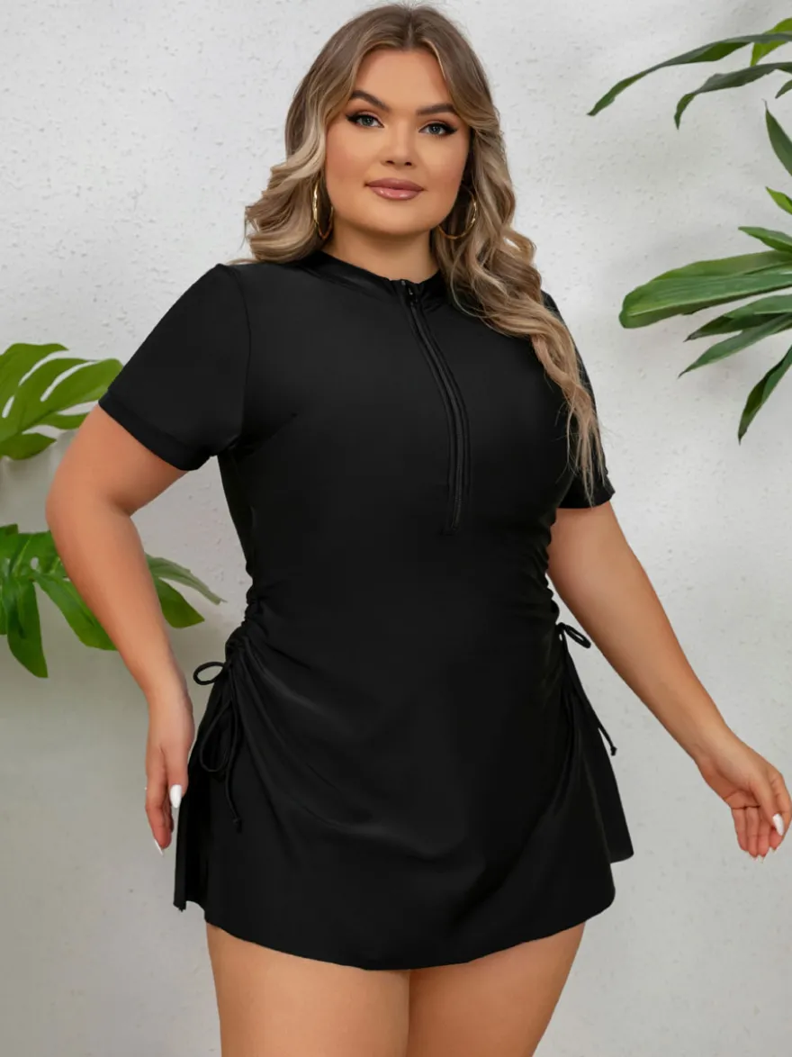 Robe de bain noire grande taille à jupe zippée sur le devant