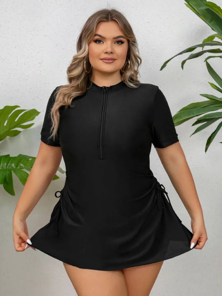 Robe de bain noire grande taille à jupe zippée sur le devant