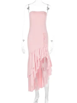 Robe de bal bleue à épaules dénudées volants robes longues asymétriques élégantes