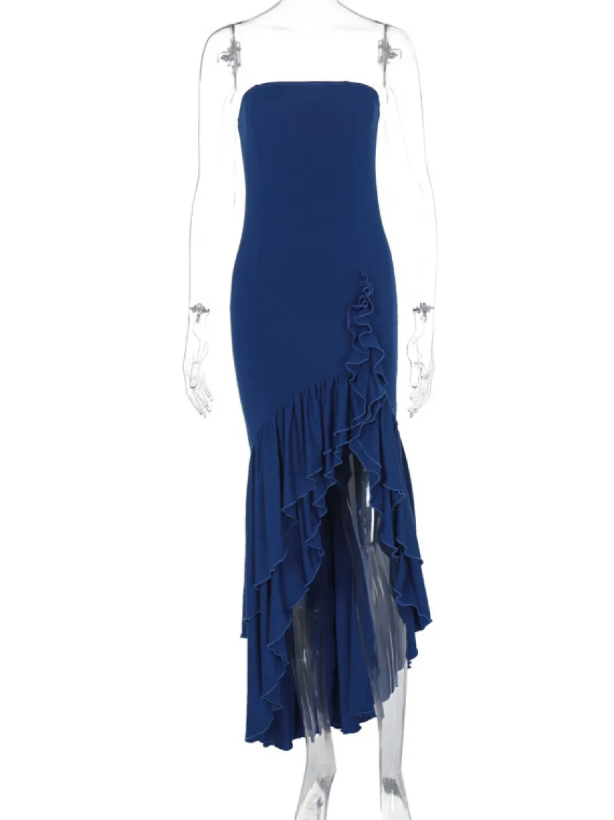 Robe de bal bleue à épaules dénudées volants robes longues asymétriques élégantes