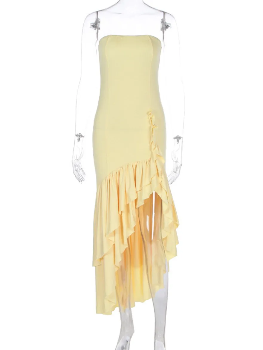 Robe de bal bleue à épaules dénudées volants robes longues asymétriques élégantes