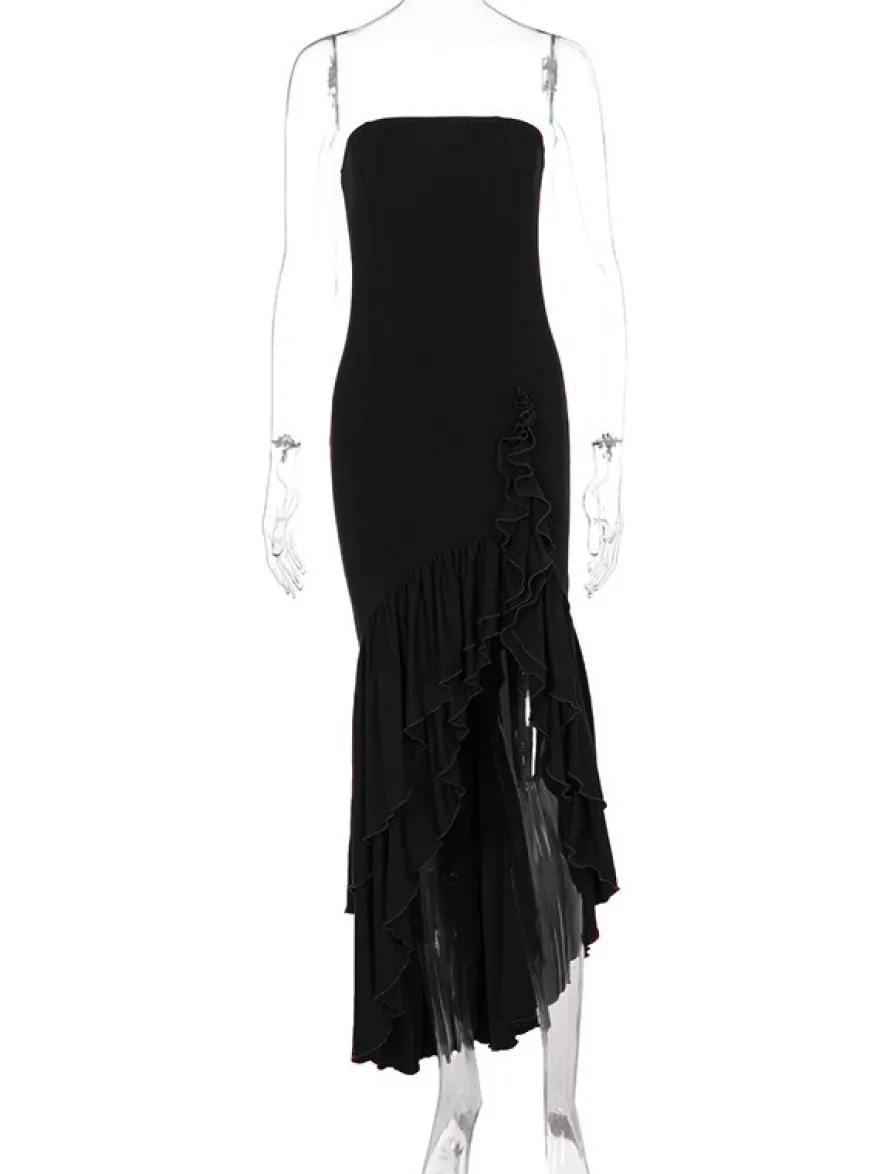 Robe de bal bleue à épaules dénudées volants robes longues asymétriques élégantes